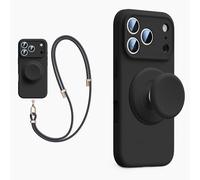 XZC Coque en silicone liquide pour iPhone 17 Pro Max, avec support pop-up, cordon bandoulière, compatible avec MagSafe, [protection complète de l'appareil photo] (noir, iPhone 16 Pro Max)