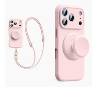 XZC Coque en silicone liquide pour iPhone 17 Pro Max, avec support pop-up, cordon bandoulière, compatible avec MagSafe, [protection complète de l'appareil photo] (rose gris, iPhone 16 Pro)