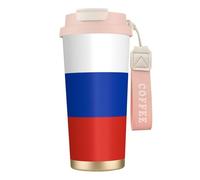 XZDAL Tasse à café en acier inoxydable 316 avec couvercle et paille Motif drapeau russe Rose