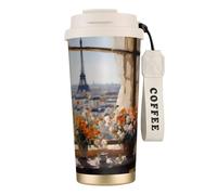 XZDAL Tasse à café en acier inoxydable 316 avec couvercle et paille Motif pylônes au lointain Blanc