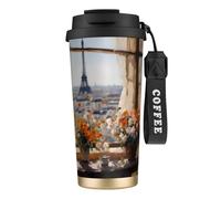 XZDAL Tasse à café en acier inoxydable 316 avec couvercle et paille Motif pylônes au lointain Noir