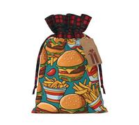 XZDCAL Joli sac cadeau en jute de qualité supérieure avec cordon de serrage en tissu tartan et étiquette en papier kraft pour festivals et occasions spéciales, Noir , M