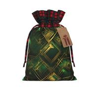 XZDCAL Sac cadeau à carreaux noirs et verts en jute de qualité supérieure avec cordon de serrage en tissu tartan et étiquette en papier kraft pour festivals et occasions spéciales, Noir , M