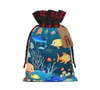 XZDCAL Sac cadeau bleu en jute avec cordon de serrage en tissu tartan et étiquette en papier kraft pour festivals et occasions spéciales, Noir , M