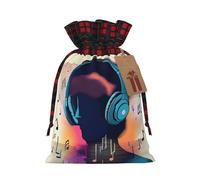 XZDLXJ A Music Vibes Sac en toile de jute avec cordon de serrage en tissu écossais et étiquette en papier kraft, Noir , M