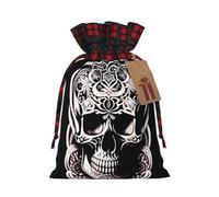 XZDLXJ Crâne avec décorations Sac en toile de jute avec cordon de serrage en tissu écossais et étiquette en papier kraft