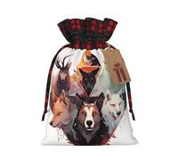 XZDLXJ Sac en toile de jute avec cordon de serrage en tissu écossais et étiquette en papier kraft Motif loups et rennes, Noir , M