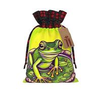 XZDLXJ Sac en toile de jute avec cordon de serrage en tissu écossais et étiquette en papier kraft Motif grenouille dans un étang