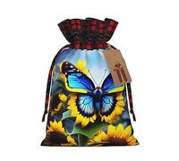 XZDLXJ Sac en toile de jute avec cordon de serrage et motif papillon bleu tournesol avec étiquette en papier kraft, Noir , M