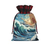 XZDLXJ Sac en toile de jute avec cordon de serrage Motif mouette et étiquette en papier kraft Motif vague, Noir , M