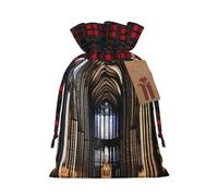 XZDLXJ Un sac en toile de jute avec cordon de serrage en tissu écossais et étiquette en papier kraft, Noir , M
