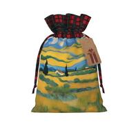 XZDLXJ Van Gogh Fields Sac en toile de jute avec cordon de serrage en tissu écossais et étiquette en papier kraft, Noir , M
