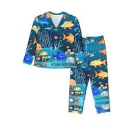 XZDZWK Blue Underwater World of Fish Ensemble de pyjama à manches longues pour femme, tendance, doux et respirant pour l'hiver et l'automne, Noir , S