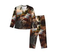 XZDZWK Relaxing Time At Sunrise Ensemble de pyjama à manches longues pour femme, tendance, doux et respirant pour l'hiver et l'automne, Noir , L