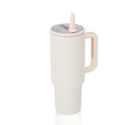 Y·J&H - Tasse de voyage à double paroi isolée sous vide en acier inoxydable avec poignée et paille sans BPA - Blanc crème