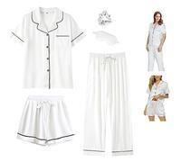 Y WJing Yi Jia Ensemble de 5 pièces de pyjama en satin de soie pour femme - Ensemble de pyjama à manches courtes boutonné - Vêtements de nuit et de détente, blanc, L