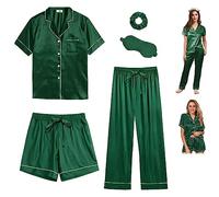 Y WJing Yi Jia Ensemble de 5 pièces de pyjama en satin de soie pour femme - Ensemble de pyjamas à manches courtes boutonnés - Vêtements de nuit et de détente, Evergreen, S
