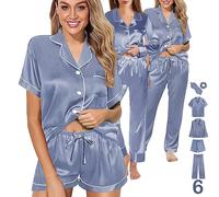 Y WJing Yi Jia Ensemble de pyjama 6 pièces en satin de soie pour femme avec boutons, Bleu poudré, L