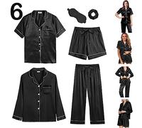 Y WJing Yi Jia Ensemble de pyjama 6 pièces en satin de soie pour femme avec boutons, Noir , L