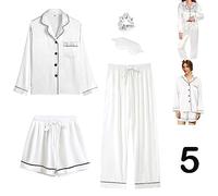 Y WJing Yi Jia Ensemble de pyjama long en satin de soie pour femme 5 pièces avec boutons, blanc, XXL