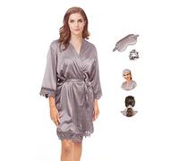 Y WJing Yi Jia Robe de chambre kimono pour femme - Robe de mariée en satin - Style court - Robe de soirée - Robe de nuit avec bordure en dentelle, taupe, Taille unique