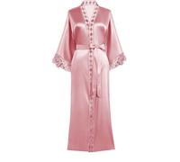 Y WJing Yi Jia Robe de chambre longue kimono pour femme - Robe de mariée en soie - Robe de nuit en satin - Style long - Robe de matinée - Bordure en dentelle - Kimonos longs, Rose pâle-B, taille