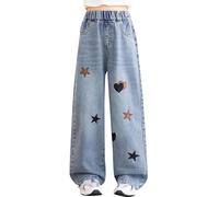 Y2 Jeans amples brodés étoiles pour filles avec poches décontractées, pantalon droit confortable en denim, pantalon taille mi-haute, pantalon classique polyvalent pour voyage, école, bleu ciel, 7-8