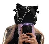 Y2K Bonnet gothique grunge oreilles de chat aile chauve-souris noir Harajuku Punk Croix chaîne tricoté chapeau femme chic streetwear, noir, taille unique