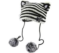 Y2k Bonnet oreilles de chat Gyaru Acubi Diable Crochet Chapeaux Mignon Kawaii Étoile Grunge Esthétique Pompons Cutecore Y2k Harajuku Vêtements, blanc, Taille unique