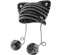 Y2k Bonnet oreilles de chat Gyaru Acubi Diable Crochet Chapeaux Mignon Kawaii Étoile Grunge Esthétique Pompons Cutecore Y2k Harajuku Vêtements, gris, Taille unique