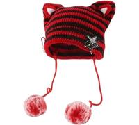Y2k Bonnet Oreilles de Chat Gyaru Acubi Diable Crochet Chapeaux Mignon Kawaii Étoile Grunge Esthétique Pompons Cutecore Y2k Harajuku Vêtements, Rouge, Taille Unique
