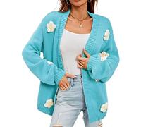 Y2K - Cardigan mignon ouvert sur le devant pour femme, veste courte en tricot à fleurs, style rétro des années 90, vêtements kawaii, bleu, Taille S
