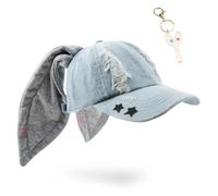 Y2K Casquette de baseball pour femme avec oreilles de lapin et porte-clés, bleu, 7-7 3/8