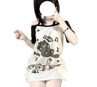 Y2k Chemises kawaii pour femmes T-shirts graphiques de dessin animé épaules dénudées Cutecore Chemises Harajuku Mode Gothique Tops, noir, Taille S