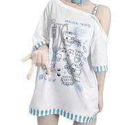 Y2k Chemises kawaii pour femmes T-shirts graphiques de dessin animé épaules dénudées Cutecore Chemises Harajuku Mode Gothique Tops, bleu, Taille L