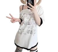 Y2k Chemises kawaii pour femmes T-shirts graphiques de dessin animé épaules dénudées Cutecore Chemises Harajuku Mode Gothique Tops, blanc, Taille XL