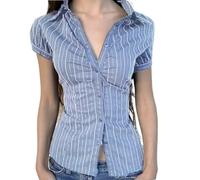Y2K Chemisier rayé d'été pour femme Style français boutonné Col rabattu Vintage Streetwear Chic Élégant Tops, bleu, L