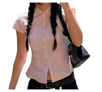 Y2K Chemisier rayé d'été pour femme Style français boutonné Col rabattu Vintage Streetwear Chic Élégant Tops, rose, S
