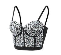 Y2k - Corset bustier pour femme - Soutien-gorge - Débardeur à bretelles - Crop Top - Corsage - Clubwear - Haut de corps - Strass perlés - Bretelles spaghetti - Pour fête, sortie, mode Y2k, O argenté,