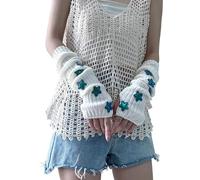 Y2K Cutecore Manchettes Coquette Esthétique Star Mitaines Gothique Cyber Punk Rayé Tricoté Accessoires, blanc, taille unique