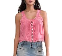 Y2k Débardeur court avec bordure en dentelle pour femme avec bretelles spaghetti et bouton à nouer sur le devant, rose, L