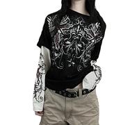 Y2k Fairy Grunge Graphic T-shirts à manches longues pour femmes E-Girls Esthétique Gothique Crâne Imprimé Baggy T-shirts Emo Vêtements, Noir #1., L