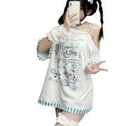 Y2k Harajuku T-Shirt imprimé Dessin animé Gothique Femmes Mode Japonaise Patchwork épaules dénudées T-Shirt Kawaii Sweet Tees Tops, Blanc, Taille M