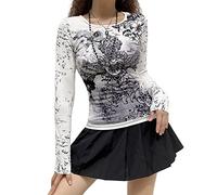 Y2K Haut à manches longues pour femme Sexy Gothique Croix Ailes Imprimé Patchwork Col en V Basic Slim Fit Chemisier Tops Vintage Fairy Grunge Streewear, Gris #3, L