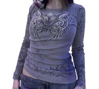 Y2K Haut court à manches longues pour femme Sexy Gothique Basic Slim Fit Chemisier Tops Vintage Grunge T-shirts décolleté Harajuku Slim Fit Aesthetic Streetwear, a-gris, M
