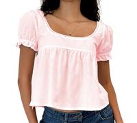 Y2k Haut court en dentelle à col carré et manches courtes bouffantes avec ourlet froncé et volants pour femme, rose, S