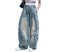 Y2k Jean baggy pour fille et enfant - Coupe large - Taille haute - Jean pailleté - Papillon - Nœud mignon - Cœur - Denim - Pantalon avec élastique Vintage Pantalon évasé Pantalon de cowboy #F4