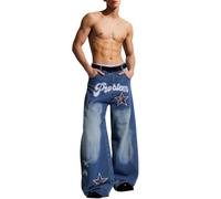 Y2K - Jean baggy Stars Graphic - Pour homme - Avec jambes larges - Style vintage des années 80 et 70 - Jambes droites - Denim - Pantalon skater Streetwear - Tenue Oktoberfest - Avec poches, bleu, S