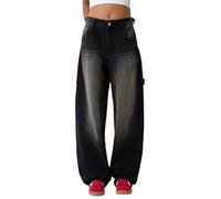 Y2K Jean baggy taille basse coupe ample coupe droite jambe large pantalon boyfriend pantalon décontracté en jean streetwear, F-Noir, M