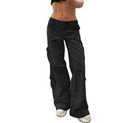 Y2k Jean cargo à jambe droite et large avec poche à rabat pour femme, noir, Small